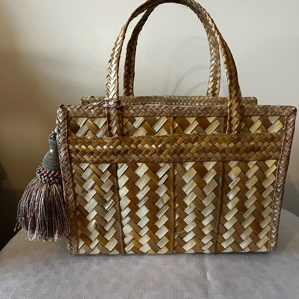 Handmade Bahamian Woven Tote with Flamingo Pattern and Tassel